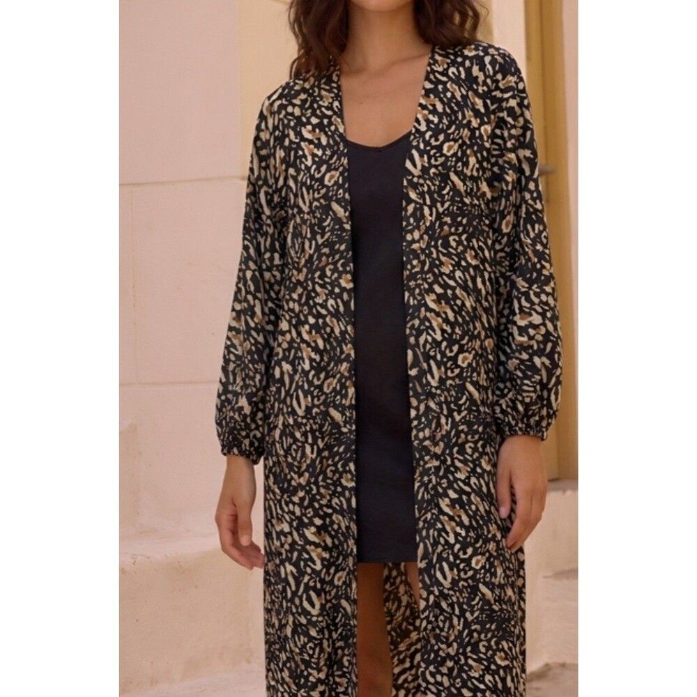 Lilyd Women’s Shirt Dress Abstract Black Beige Brown Balloon Sleeve Midi S-M